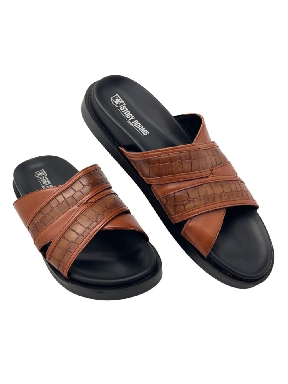 Stacy Adams Faux Crocodile Crossband Slides Sandals Mens Size 9M Brown Black NEW